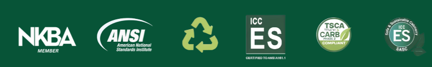 NKBA Member, ANSI A161.1, ICC ES, TSCA CARB Phase 2 Compliant, and ICC ES SASC certification badges