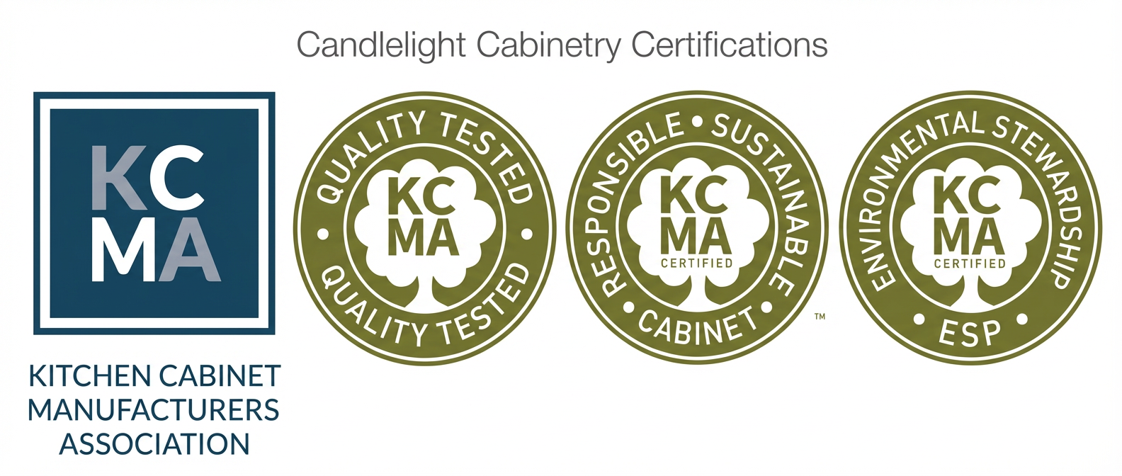 KCMA Association member, KCMA Quality Tested Cabinet, KCMA Responsible Sustainable, and ESP Environmental Stewardship Program certification badges